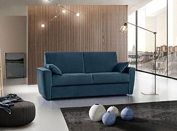 Divano letto Everest a 3 posti, in tessuto sfoderabile, colore Blu notte con filetto color Turchese