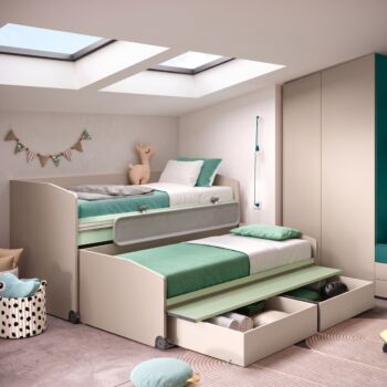Letto Space Idea 2 cassetti e scrivania, Moretti Compact, Tortora e Menta