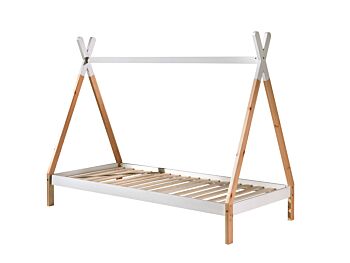 Letto singolo montessoriano per camerette, design tenda indiana, Pino naturale e Bianco laccato