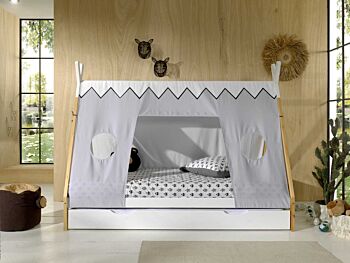 Letto singolo montessoriano per camerette, design tenda indiana, Pino naturale e Bianco laccato