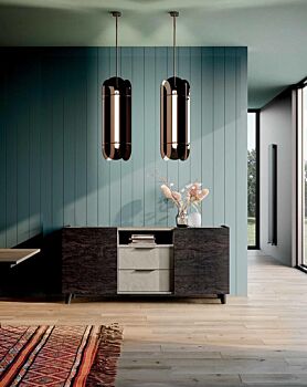 Madia moderna di design con 2 ante, 2 cassetti e un vano in finitura Argilla e Legno bruciato