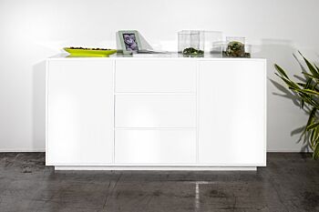 Credenza e madia moderna bianca laccata lucida, tre cassetti e due ante