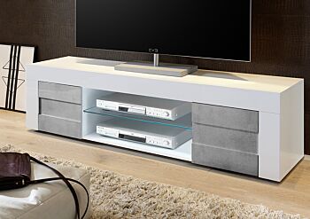 Porta tv grigio cemento e bianco, con due ante e ripiano centrale
