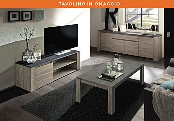 Sala moderna con Madia Alta, Porta TV e Tavolino in omaggio, Rovere Grigio e Marmo