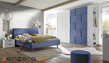 Camera completa con letto blu in tessuto imbottito con armadio Miss
