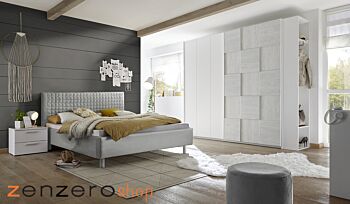 Camera completa con letto grigio in tessuto imbottito con armadio Miss H.230