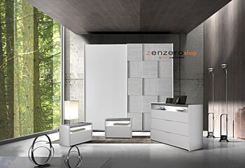 Set zona notte con Armadio scorrevole, Comò e Coppia Comodini, Bianco opaco, Artik e Beton