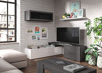 Parete attrezzata ad angolo, con porta tv, mensola e pensile, bianco lucido e grigio cenere
