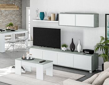 Soggiorno Zenzero, parete attrezzata moderna, con base tv, pensili e mensola, Bianco e Cemento