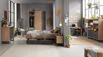 Madia/ comò Industry con 3 cassetti e un'anta in finitura Rovere e Grigio smoke