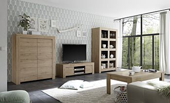 Soggiorno moderno, completo di Porta TV, libreria e Madia 4 ante, Rovere Cadiz