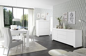 Sala di design composta da Madia alta, Madia 2 ante 3 cassetto e Tavolo, finitura bianco opaco