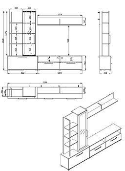 Parete con base tv vetrina e mensole finitura Rovere e Nero