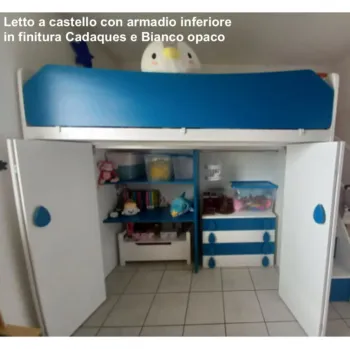 Letto a castello con armadio inferiore in finitura Cadaques e Papaya