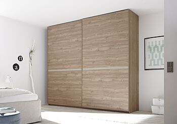 Armadio 2 ante scorrevoli, conveniente e moderno, finitura Noce Chiaro e inserto Argilla Zenzero Shop