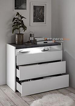 Comò moderno 3 cassetti, finitura Bianco opaco e Ossido. Guide ammortizzate