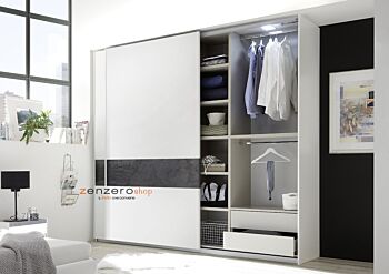 Mobile Conveniente Armadio moderno con ante scorrevoli L.275, Bianco Opaco con fascia Ossido