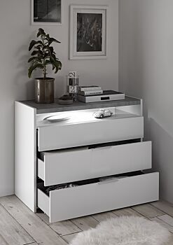 Set Comò e 2 Comodini con guide ammortizzate in finitura bianco opaco e beton