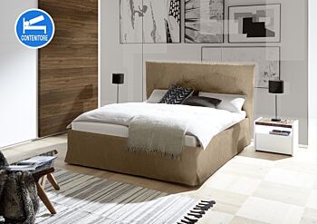 Letto matrimoniale alto in ecopelle con contenitore, finitura Tabacco