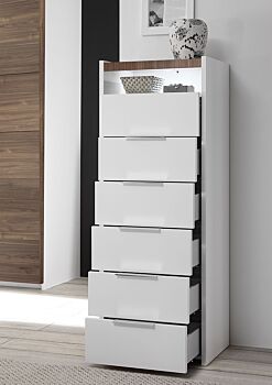 Conveniente Settimino moderno con 6 cassetti e vano a giorno, Bianco Opaco e Noce Dark
