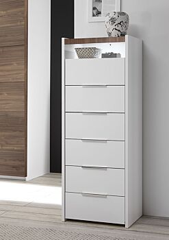 Conveniente Settimino moderno con 6 cassetti e vano a giorno, Bianco Opaco e Noce Dark
