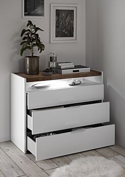 Set Comò e 2 Comodini con guide ammortizzate in finitura bianco opaco e Noce Dark