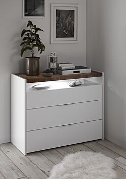 Comò moderno 3 cassetti, finitura Bianco opaco e Noce Dark. Guide ammortizzate
