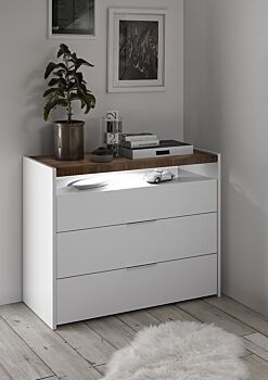 Set Comò, Settimino e 2 Comodini con guide ammortizzate in finitura bianco opaco e Noce Dark