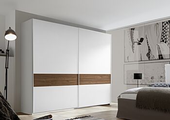 Maxi Armadio moderno con ante scorrevoli, Bianco Opaco con fascia Noce Dark