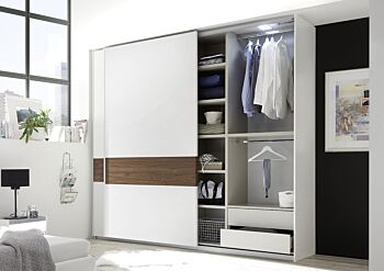 Maxi Armadio moderno con ante scorrevoli, Bianco Opaco con fascia Noce Dark