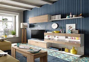 Parete attrezzata di design con 3 piccole vetrine, bianco lucido e rovere