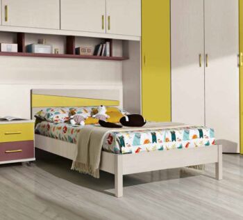 Letto una piazza e mezza Diego per camerette per ragazzi, finitura Betulla e Senape