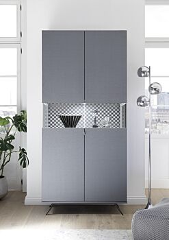 Vetrina moderna a 2 ante, finitura carbonio e piedini in ferro nero