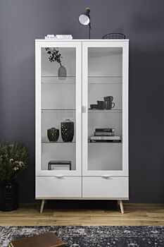 Vetrina in stile nordico con 2 ante e 2 cassetti in finitura Bianco e Quercia