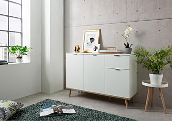 Madia in stile nordico in finitura Bianco e Quercia, 3 ante e 1 cassetto