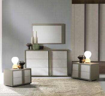 Set zona notte comò e comodini, finitura Calce e Grigio londra