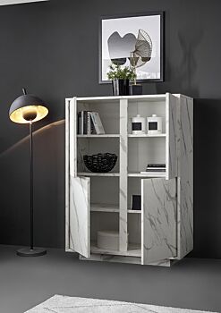 Madia alta moderna, 4 ante in finitura effetto Marmo Bianco di Carrara