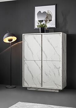 Madia alta moderna, 4 ante in finitura effetto Marmo Bianco di Carrara