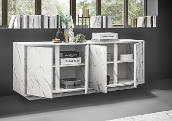 Madia moderna, 4 ante in finitura effetto Marmo Bianco di Carrara