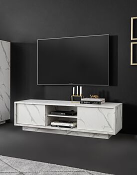 Porta TV moderno, 2 ante in finitura effetto Marmo Bianco di Carrara