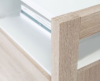 Vetrina moderna con ante e cassetti, finitura Rovere sonoma e Bianco