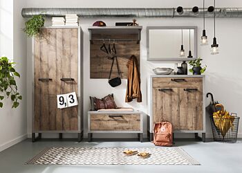 Innovativa Composizione d'ingresso Industry con Armadio, Panca e Scarpiera, Cemento e Rovere invecchiato
