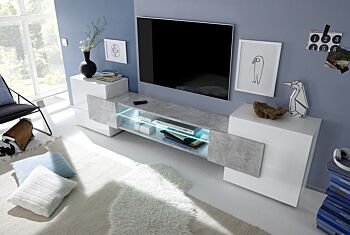 Porta TV Bianco Lucido e Beton con mensola