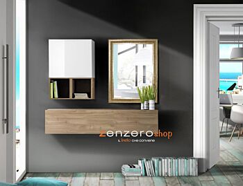 Mobile da ingresso completo con specchio in legno, finitura Noce Stelvio, Cadiz, Bianco Lucido e Oro