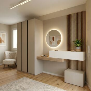 Ingresso moderno con mensolone, panca, ribalta e boiserie