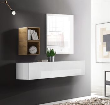 Mobile da ingresso con ribalta, vani e specchio, finitura Bianco lucido e Miele