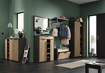 Panca con 1 ribalta e 1 cassetto Rovere chiaro e Grigio smoke, Made in Italy