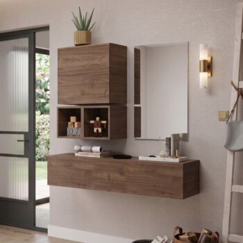 Moderna Composizione d'Ingresso, con pensili, vani e specchiera, finitura Mercure