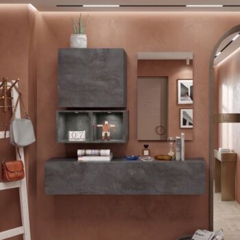 Moderna Composizione d'Ingresso, con pensili, vani e specchiera, Piombo