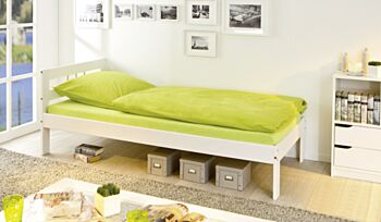 Letto in legno massello, laccato naturale, con aste colore argento